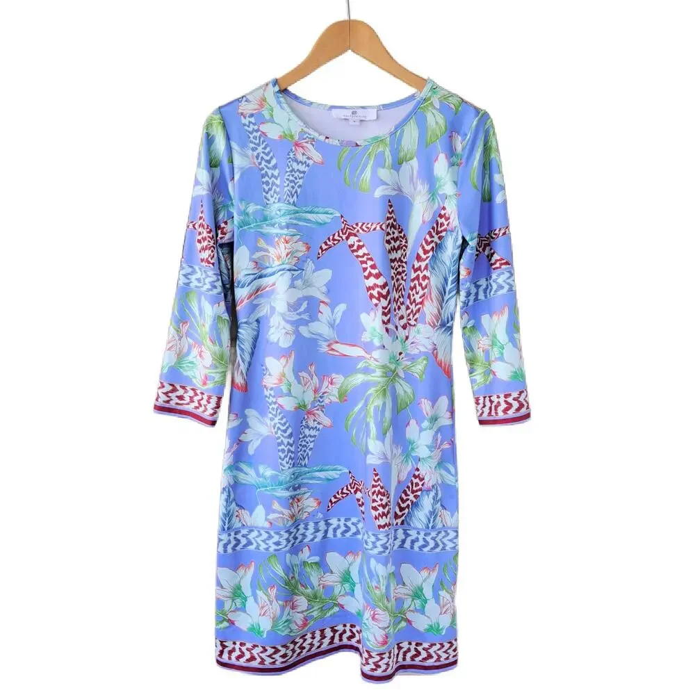 Jean-Peirre Klifa Paris Tropical Floral Print Dress Small 3/4 Sleeve Blue - Picture 8 of 9